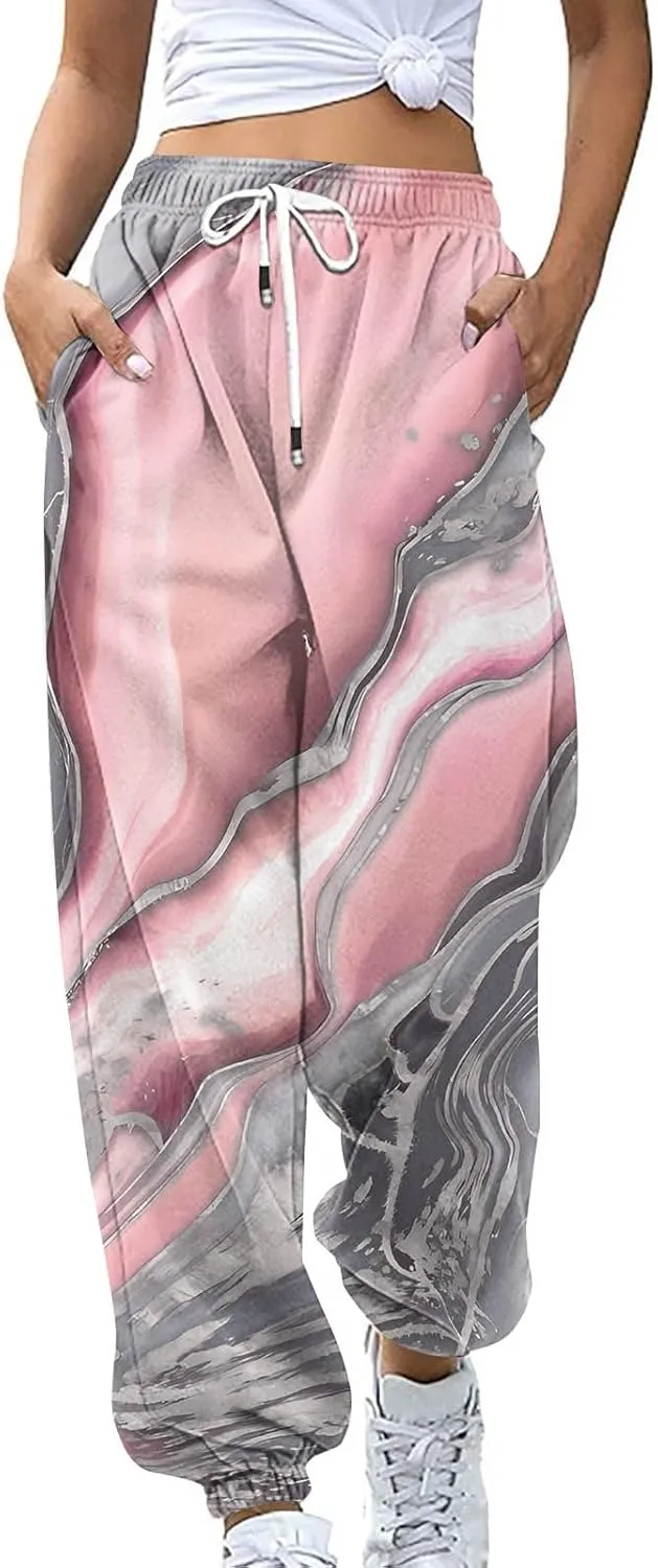 Wide Leg Sweatpants for Women Print High Waist Trouser with Pocket Cinch Bottom Pants Casual Athletic Pants
