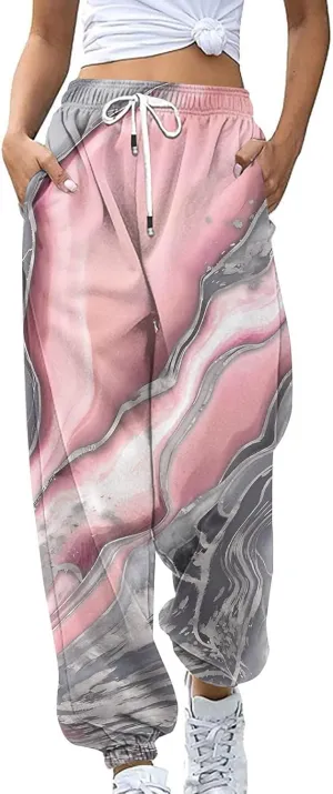 Wide Leg Sweatpants for Women Print High Waist Trouser with Pocket Cinch Bottom Pants Casual Athletic Pants