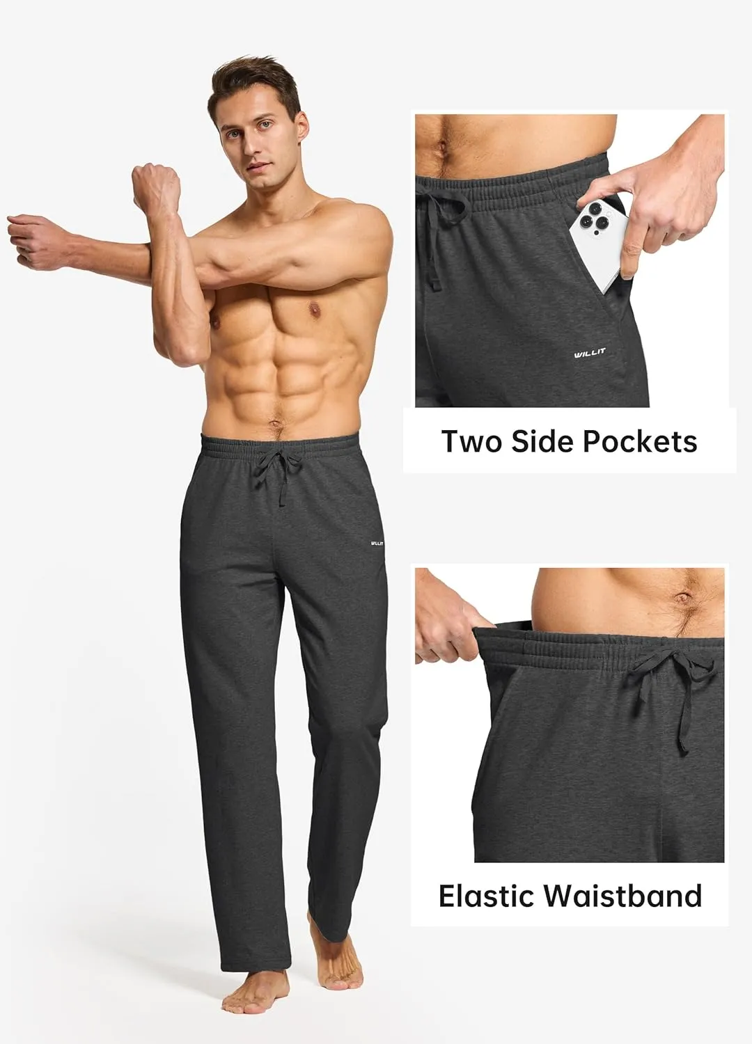 Willit Men's Cotton Yoga Sweatpants Athletic Pants Open Bottom Exercise Lounge Pants Loose Male Sweat Pants with Pockets