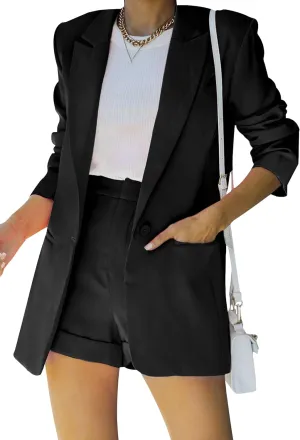 WIWIQS Women's 2 Piece Casual Long Sleeve Blazer Open Front Solid Short Pants Suit Sets