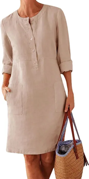 WIWIQS Women's Cotton Linen Button Down Dress Long Sleeve Crew Neck Solid Color Dress with Pockets