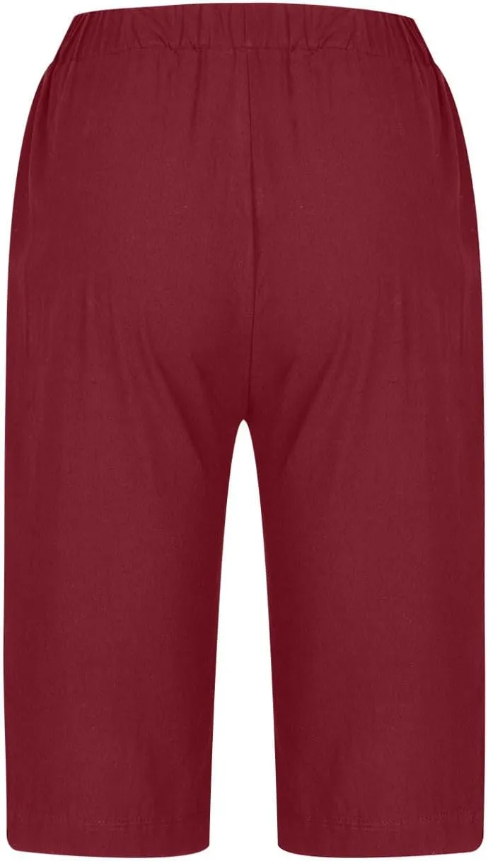 Wkishenl Athletic Shorts for Women Solid High Waisted Elastic Bermuda Short Summer Casual Comfy Linen Pants with Pockets