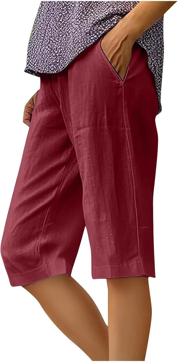 Wkishenl Athletic Shorts for Women Solid High Waisted Elastic Bermuda Short Summer Casual Comfy Linen Pants with Pockets