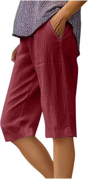 Wkishenl Athletic Shorts for Women Solid High Waisted Elastic Bermuda Short Summer Casual Comfy Linen Pants with Pockets