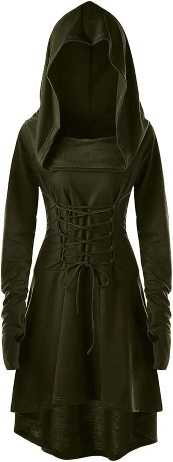 Wkishenl Womens Gothic Dress with Hood Long Sleeve Lace Up Steampunk Clothing Retro Medieval Hooded Cloak Halloween Costumes