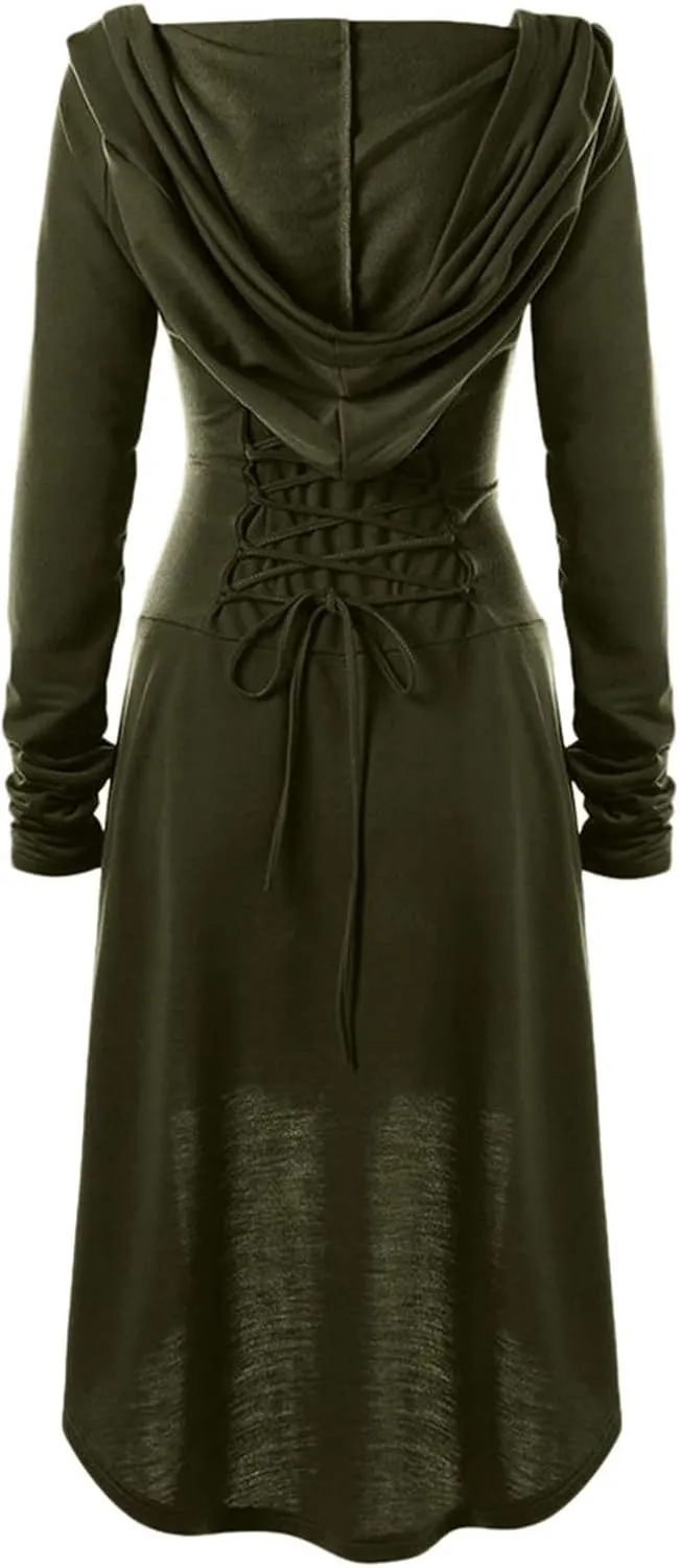 Wkishenl Womens Gothic Dress with Hood Long Sleeve Lace Up Steampunk Clothing Retro Medieval Hooded Cloak Halloween Costumes