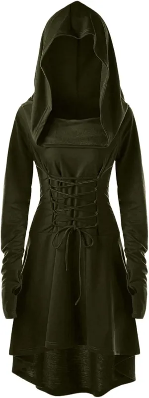 Wkishenl Womens Gothic Dress with Hood Long Sleeve Lace Up Steampunk Clothing Retro Medieval Hooded Cloak Halloween Costumes