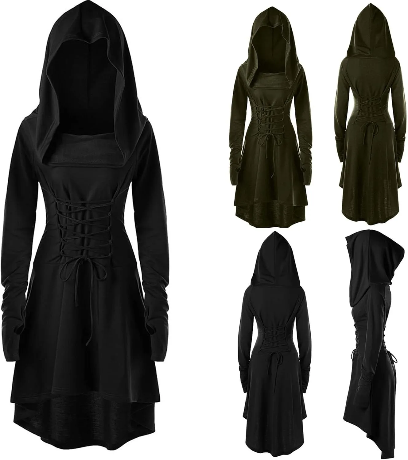 Wkishenl Womens Gothic Dress with Hood Long Sleeve Lace Up Steampunk Clothing Retro Medieval Hooded Cloak Halloween Costumes