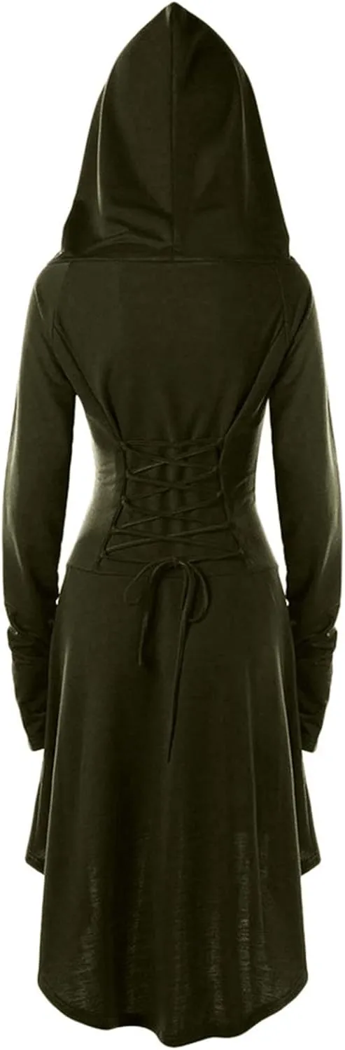 Wkishenl Womens Gothic Dress with Hood Long Sleeve Lace Up Steampunk Clothing Retro Medieval Hooded Cloak Halloween Costumes
