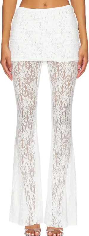 Woman Sexy See Through Lace Pants High Waist Flare Leg Trouser Solid Flower Lace Bell Bottoms Pants Streetwear