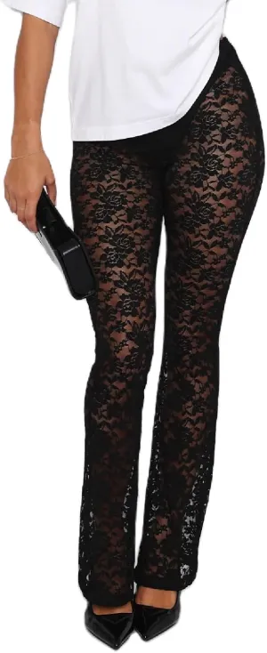 Woman Sexy See Through Lace Pants High Waist Flare Leg Trouser Solid Flower Lace Bell Bottoms Pants Streetwear