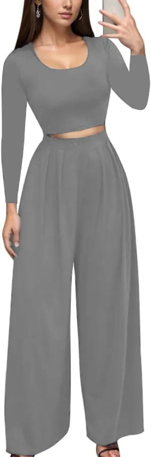 Women 2 Piece Sexy Bodycon Crop Top High Waist Wide Leg Pants Set Plus Size Outfits