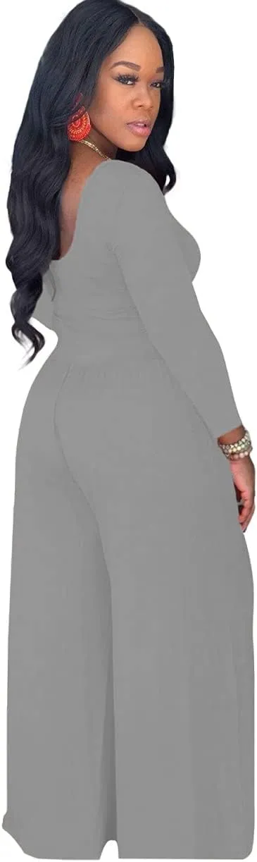 Women 2 Piece Sexy Bodycon Crop Top High Waist Wide Leg Pants Set Plus Size Outfits