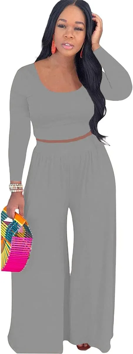 Women 2 Piece Sexy Bodycon Crop Top High Waist Wide Leg Pants Set Plus Size Outfits