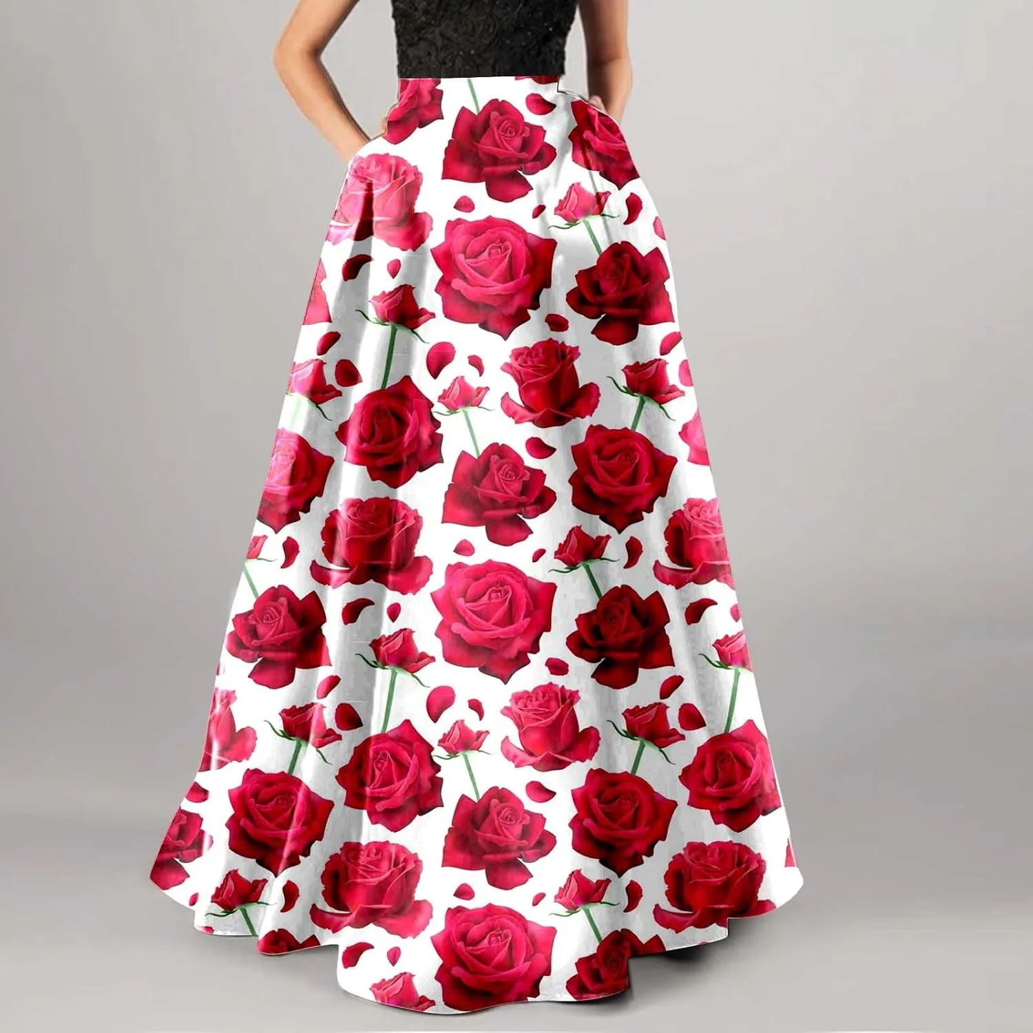 Women African Printed Maxi Skirt Flared Skirt a Line Long Skirts Vintage Pleated Skirt Floral Long Dresses with Pockets