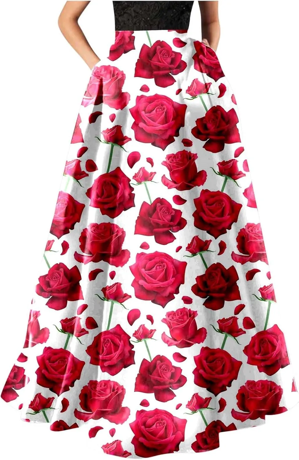 Women African Printed Maxi Skirt Flared Skirt a Line Long Skirts Vintage Pleated Skirt Floral Long Dresses with Pockets