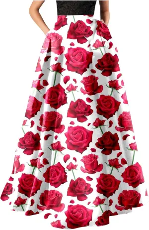 Women African Printed Maxi Skirt Flared Skirt a Line Long Skirts Vintage Pleated Skirt Floral Long Dresses with Pockets
