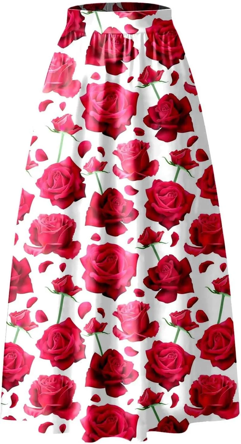 Women African Printed Maxi Skirt Flared Skirt a Line Long Skirts Vintage Pleated Skirt Floral Long Dresses with Pockets