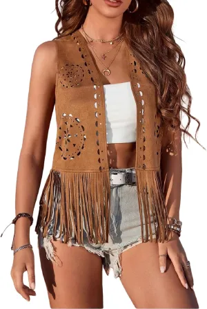 Women Boho Western Tassel Vest Open Front Faux Suede Fringe Cardigan Sleeveless Jacket Vintage Hippie Outwear