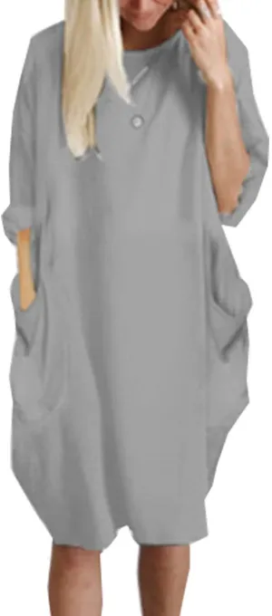 Women Casual Dress Tunic Long Sleeve Solid Homewear Midi Dresses Plus Size