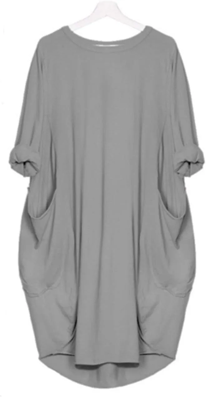 Women Casual Dress Tunic Long Sleeve Solid Homewear Midi Dresses Plus Size