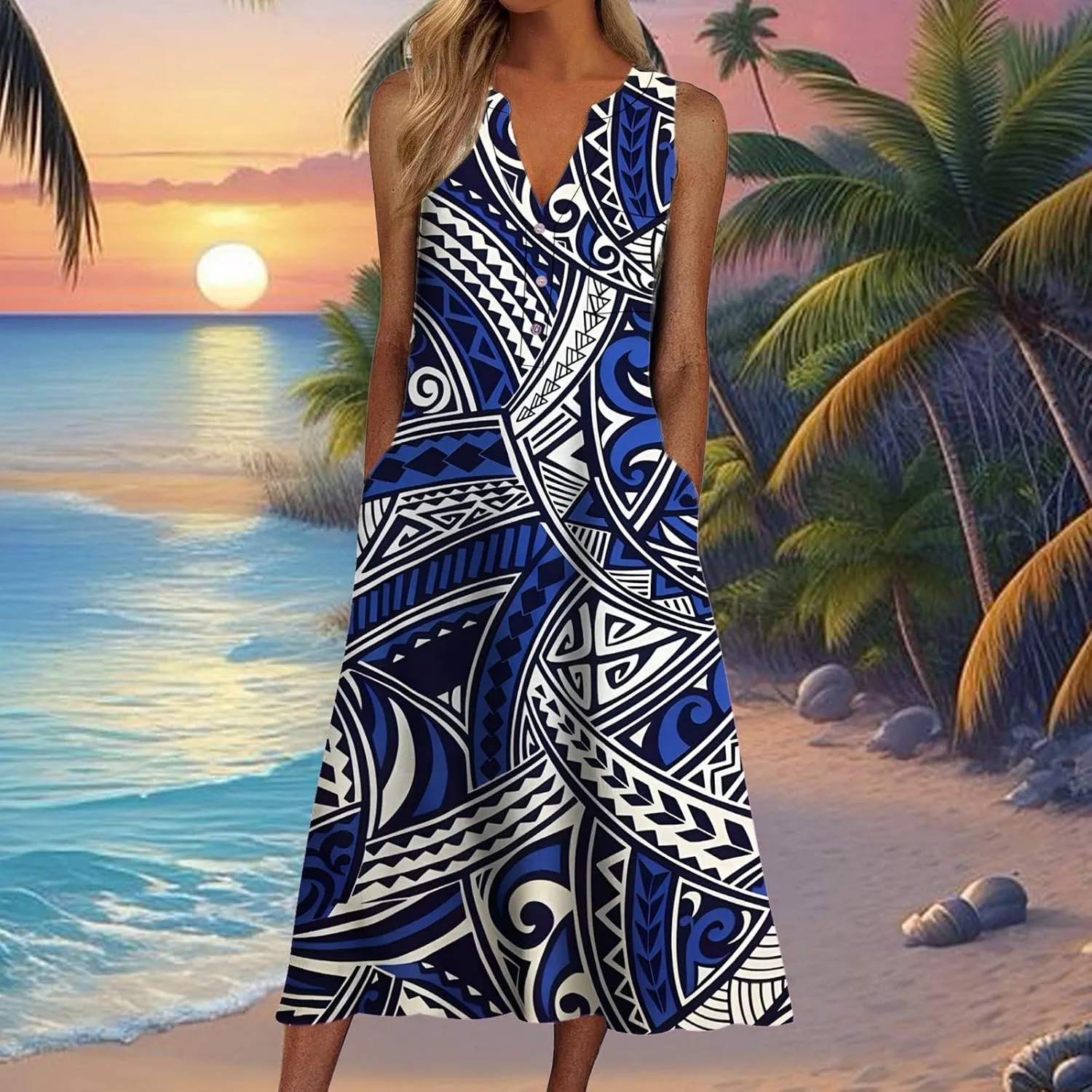 Women Casual Loose Long Dress Sleeveless Split Maxi Dresses Summer Beach Dress with Pockets Elastic Waist