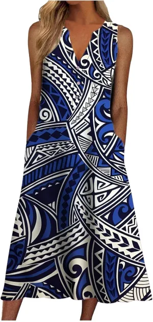 Women Casual Loose Long Dress Sleeveless Split Maxi Dresses Summer Beach Dress with Pockets Elastic Waist