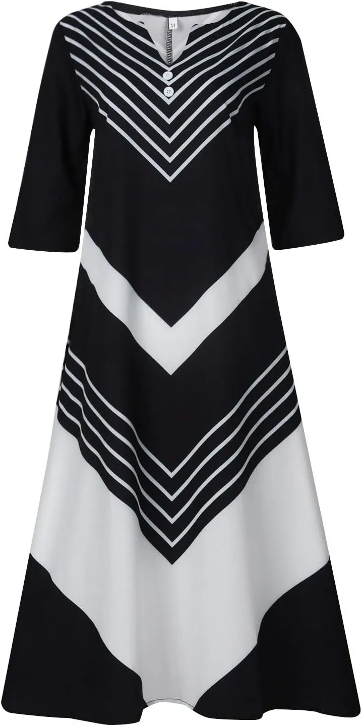 Women Casual Summer Stripe Button V Neck Sleeveless Pocket Holiday Dress Floral Sundress Midi Dress