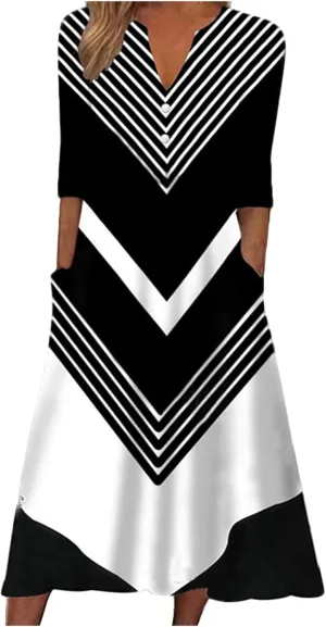 Women Casual Summer Stripe Button V Neck Sleeveless Pocket Holiday Dress Floral Sundress Midi Dress