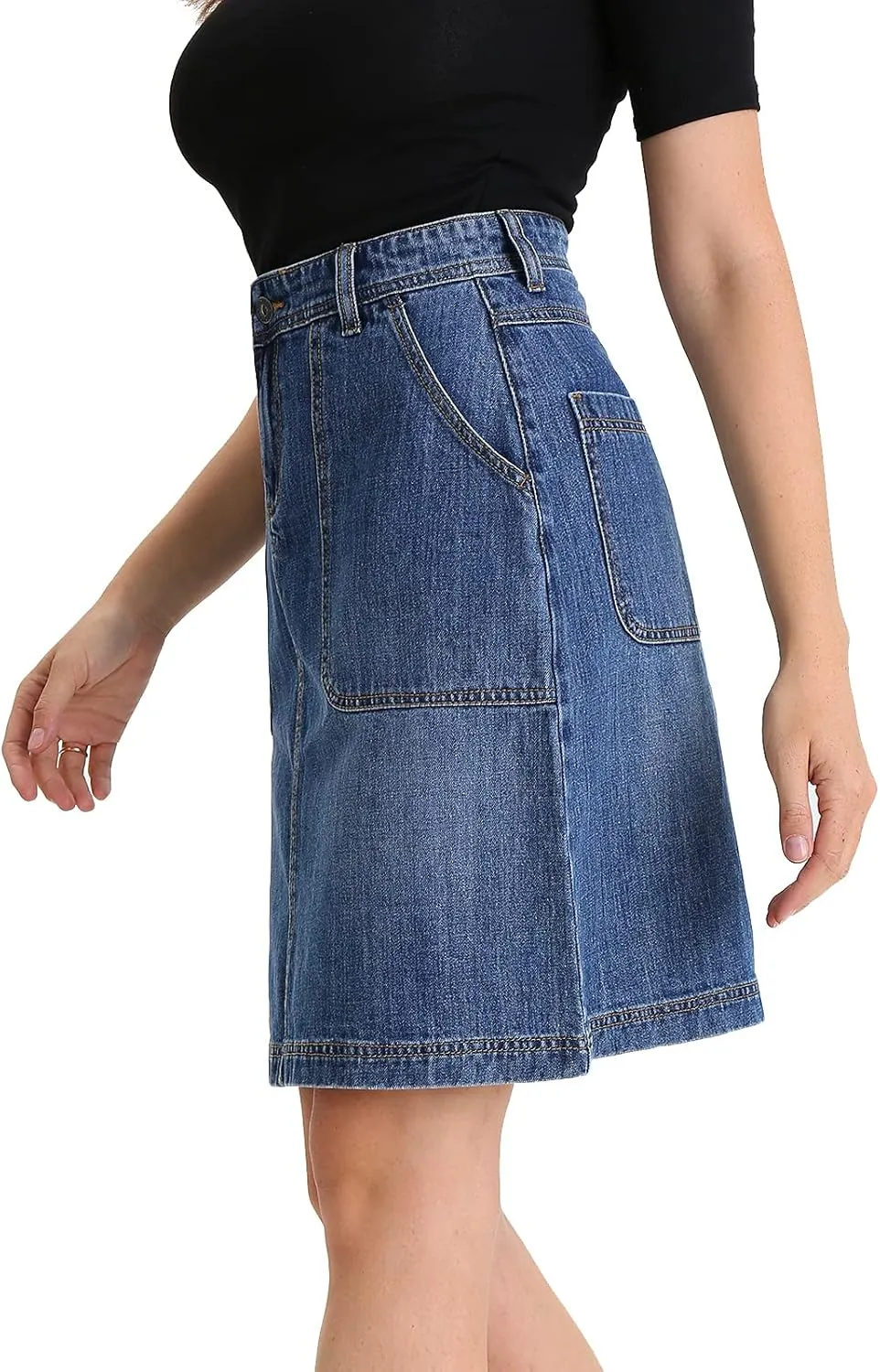 Women Corduroy Skirts Knee Length Ladies High Waisted Stretchy Denim Casual Mid Skirt Wiht Pockets