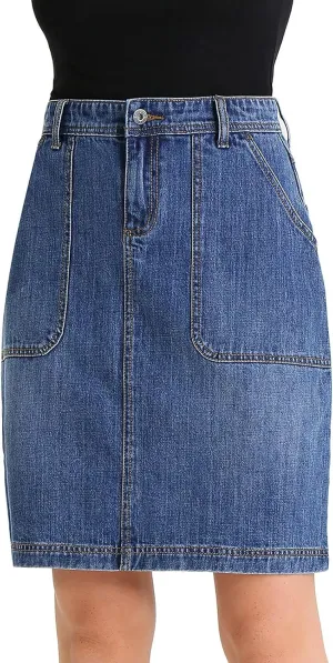 Women Corduroy Skirts Knee Length Ladies High Waisted Stretchy Denim Casual Mid Skirt Wiht Pockets