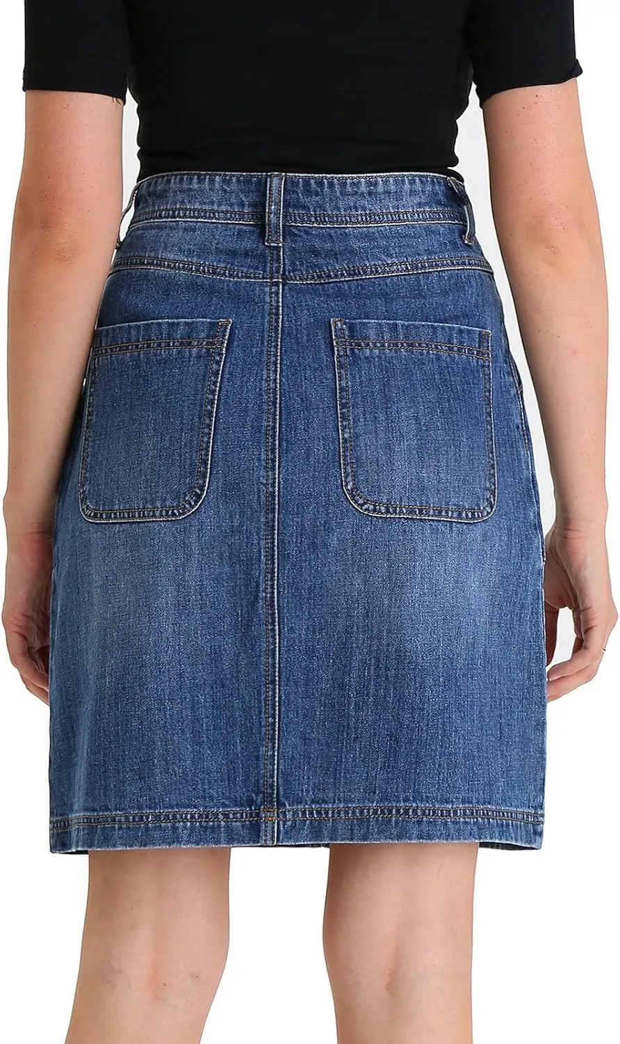 Women Corduroy Skirts Knee Length Ladies High Waisted Stretchy Denim Casual Mid Skirt Wiht Pockets