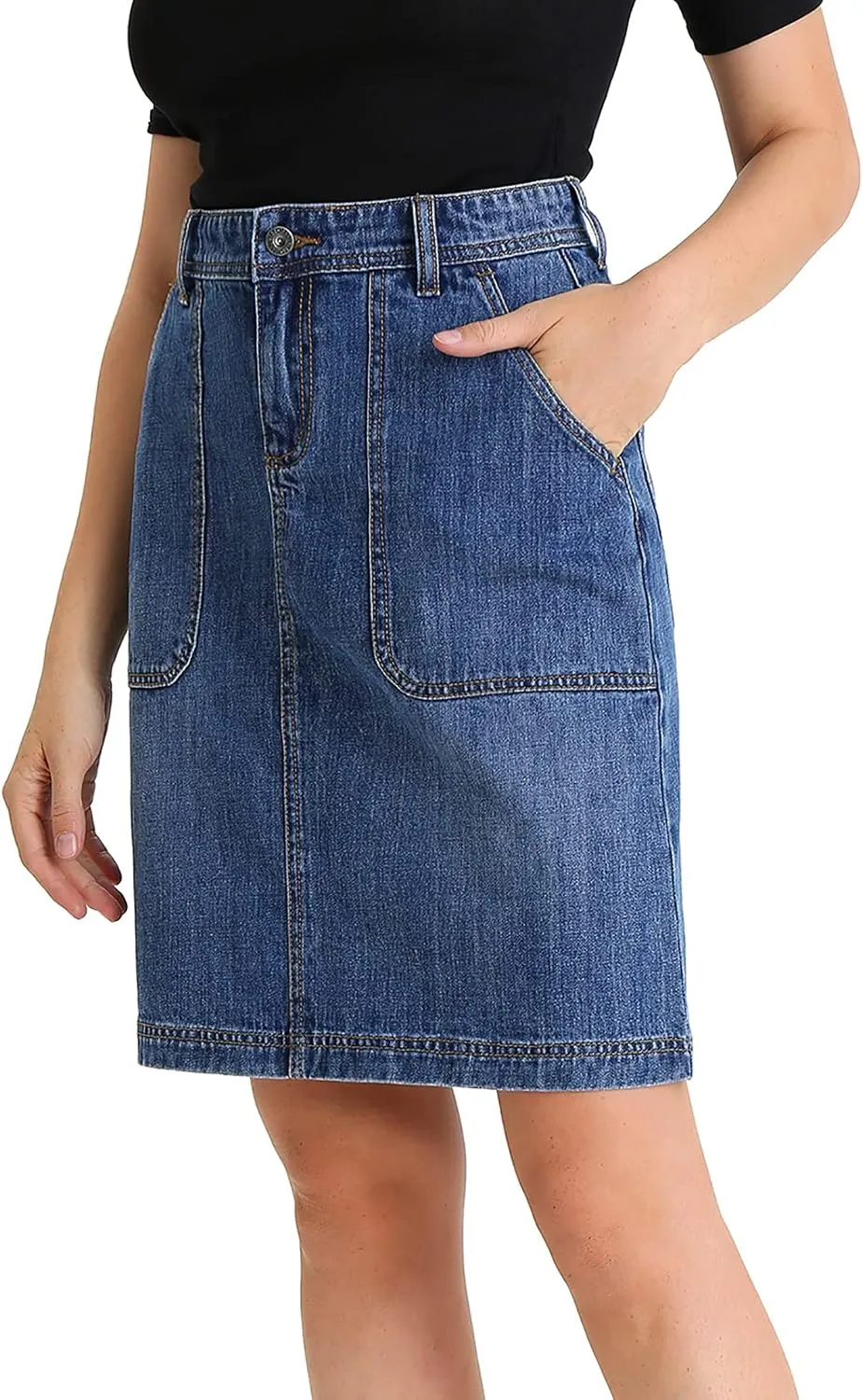 Women Corduroy Skirts Knee Length Ladies High Waisted Stretchy Denim Casual Mid Skirt Wiht Pockets
