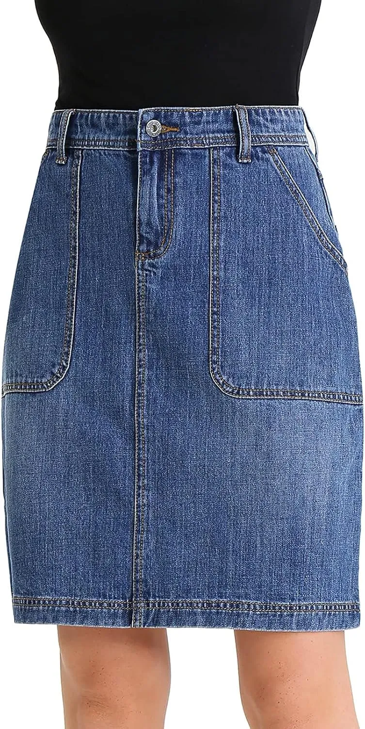Women Corduroy Skirts Knee Length Ladies High Waisted Stretchy Denim Casual Mid Skirt Wiht Pockets