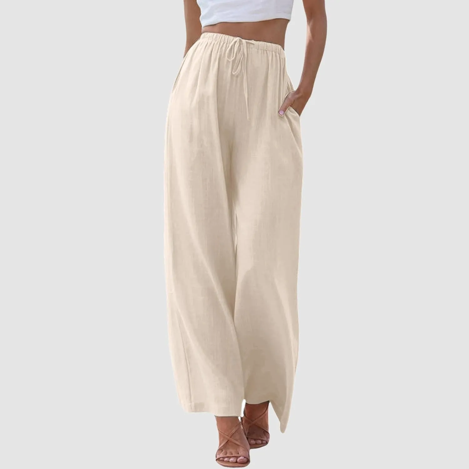 Women Cotton Linen Palazzo Pants 2025 Summer Casual Flowy Wide Leg Boho Beach Vacation Gauze Trousers with Pockets