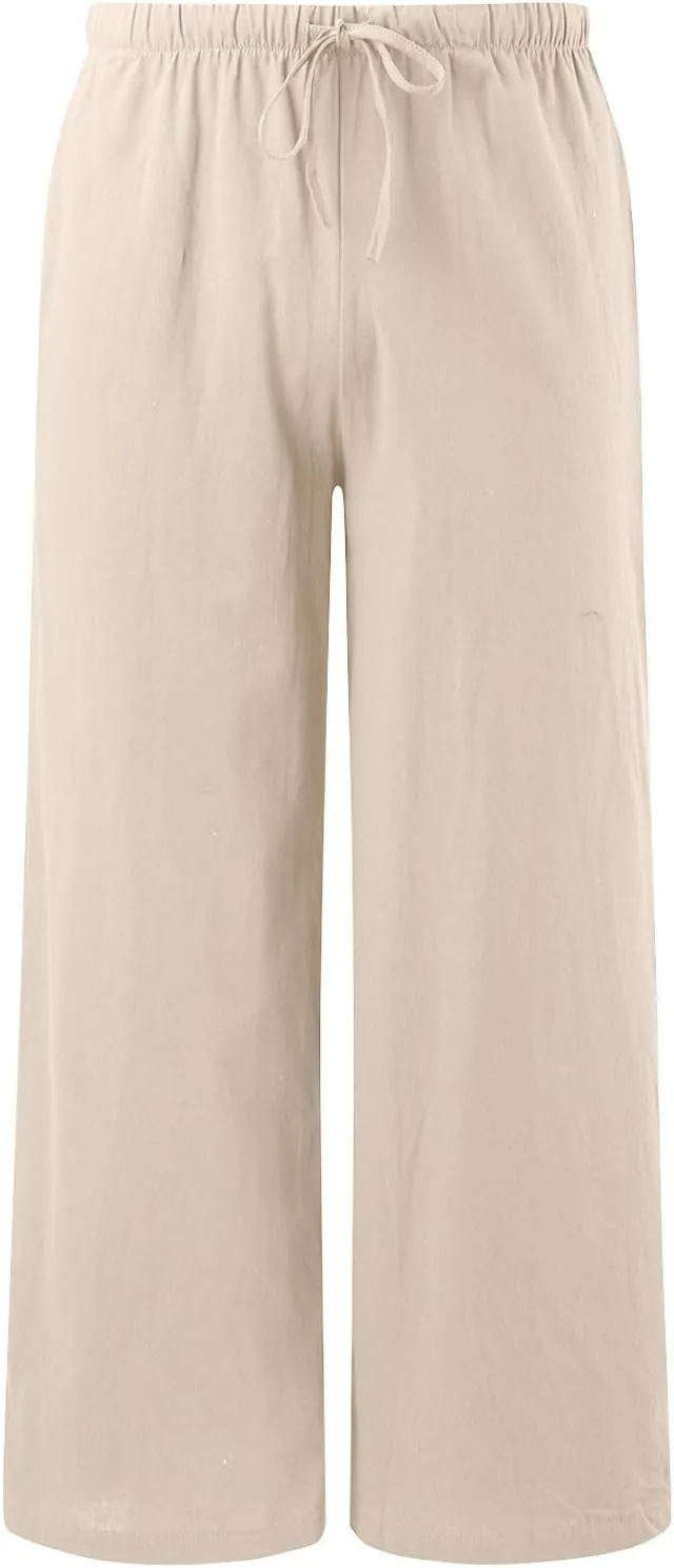 Women Cotton Linen Palazzo Pants 2025 Summer Casual Flowy Wide Leg Boho Beach Vacation Gauze Trousers with Pockets