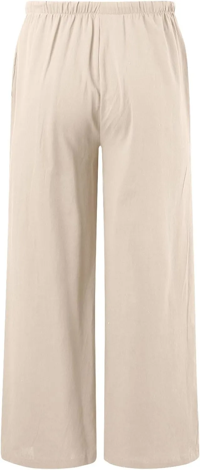 Women Cotton Linen Palazzo Pants 2025 Summer Casual Flowy Wide Leg Boho Beach Vacation Gauze Trousers with Pockets