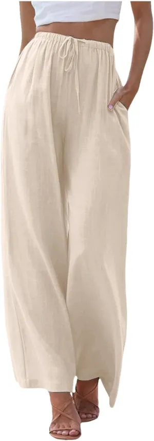 Women Cotton Linen Palazzo Pants 2025 Summer Casual Flowy Wide Leg Boho Beach Vacation Gauze Trousers with Pockets