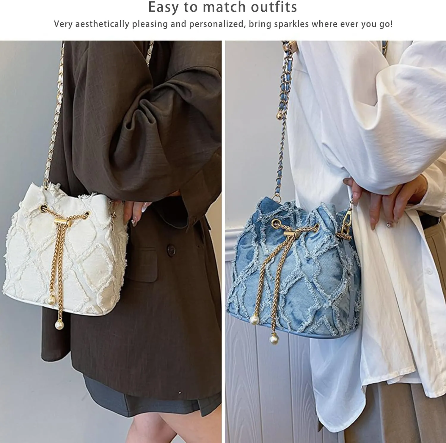 Women Denim Bucket Bag Jean Purses Trendy Mini Barrel Shape Crossbody Purse Distressed Tassel Hobo Bag Drawstring Handbag