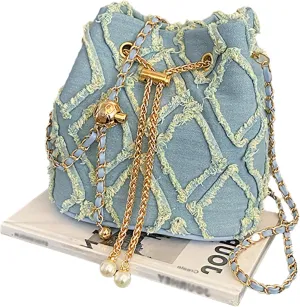 Women Denim Bucket Bag Jean Purses Trendy Mini Barrel Shape Crossbody Purse Distressed Tassel Hobo Bag Drawstring Handbag