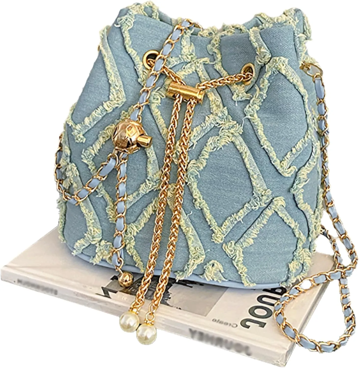 Women Denim Bucket Bag Jean Purses Trendy Mini Barrel Shape Crossbody Purse Distressed Tassel Hobo Bag Drawstring Handbag