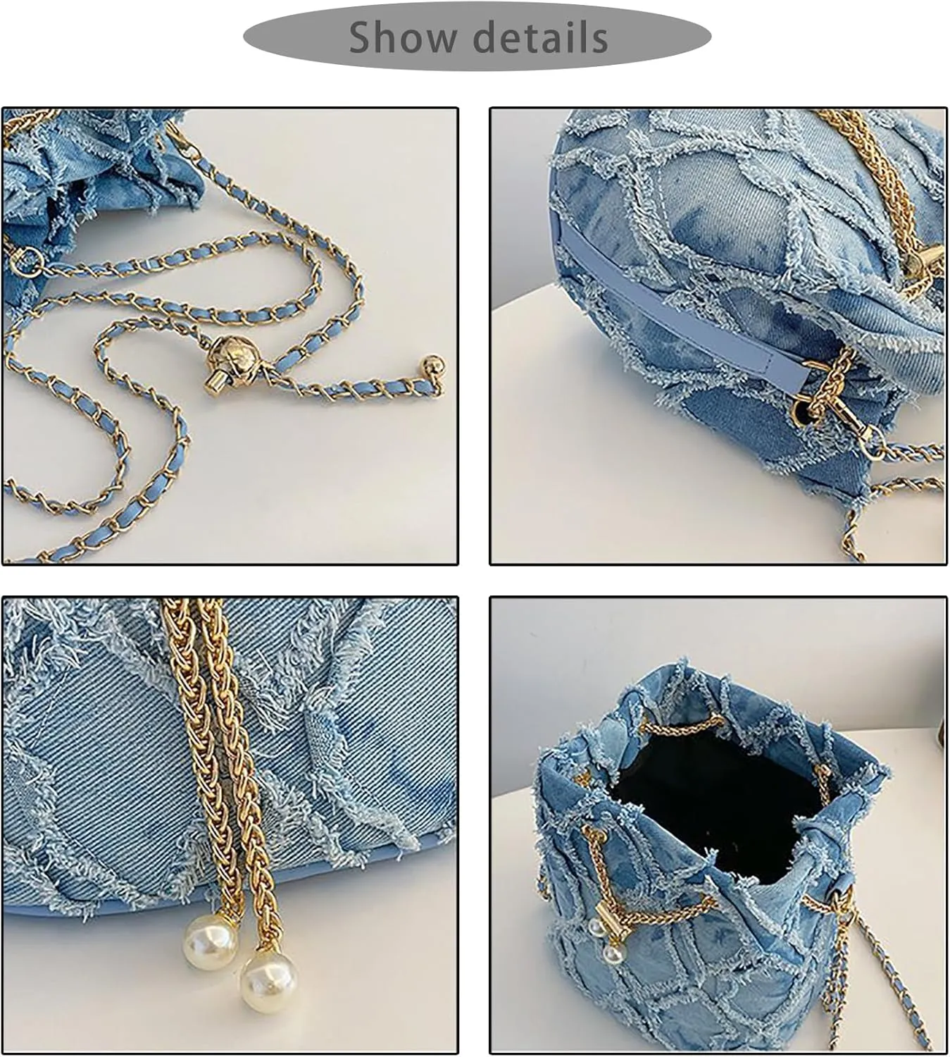 Women Denim Bucket Bag Jean Purses Trendy Mini Barrel Shape Crossbody Purse Distressed Tassel Hobo Bag Drawstring Handbag