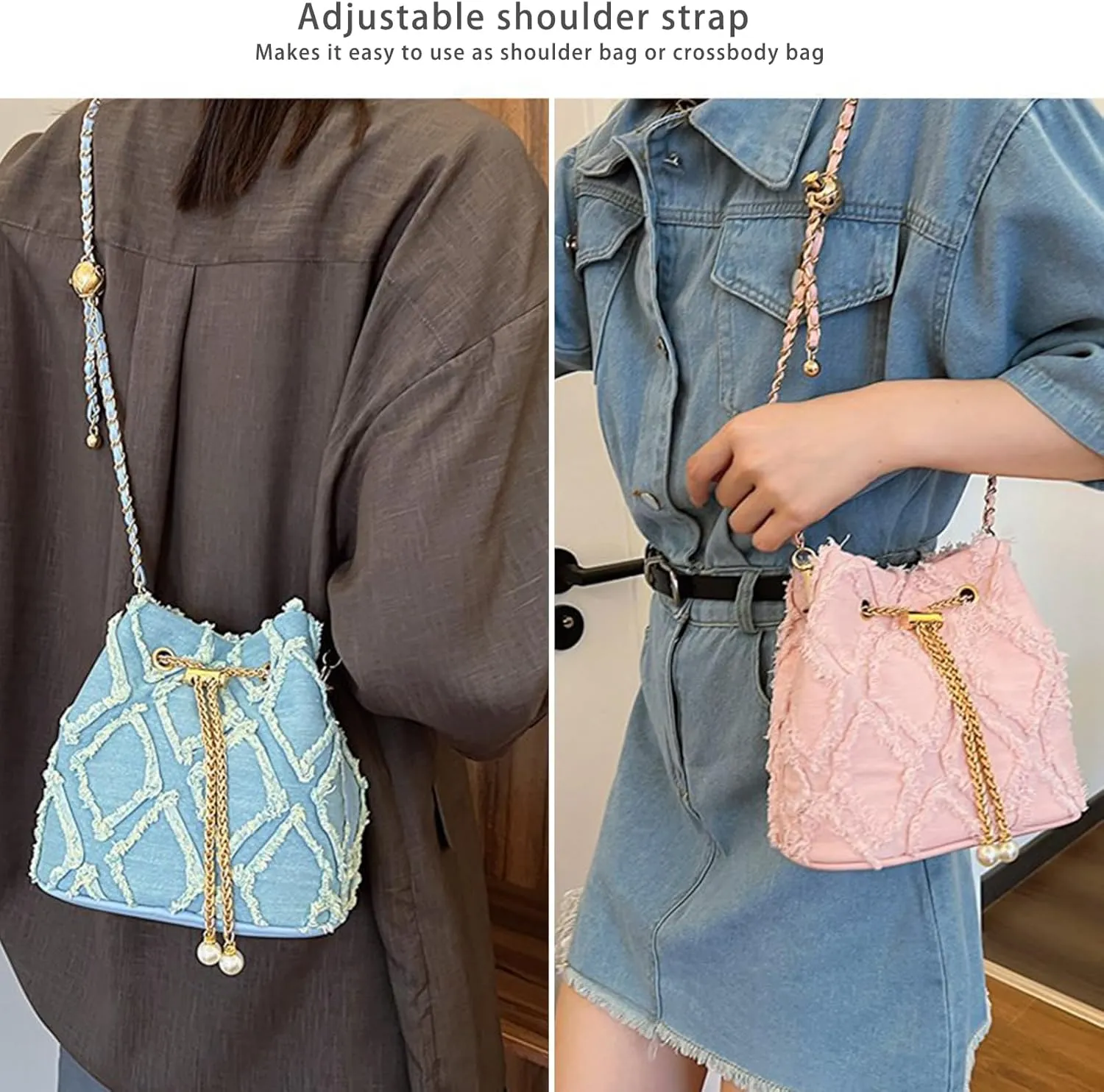 Women Denim Bucket Bag Jean Purses Trendy Mini Barrel Shape Crossbody Purse Distressed Tassel Hobo Bag Drawstring Handbag