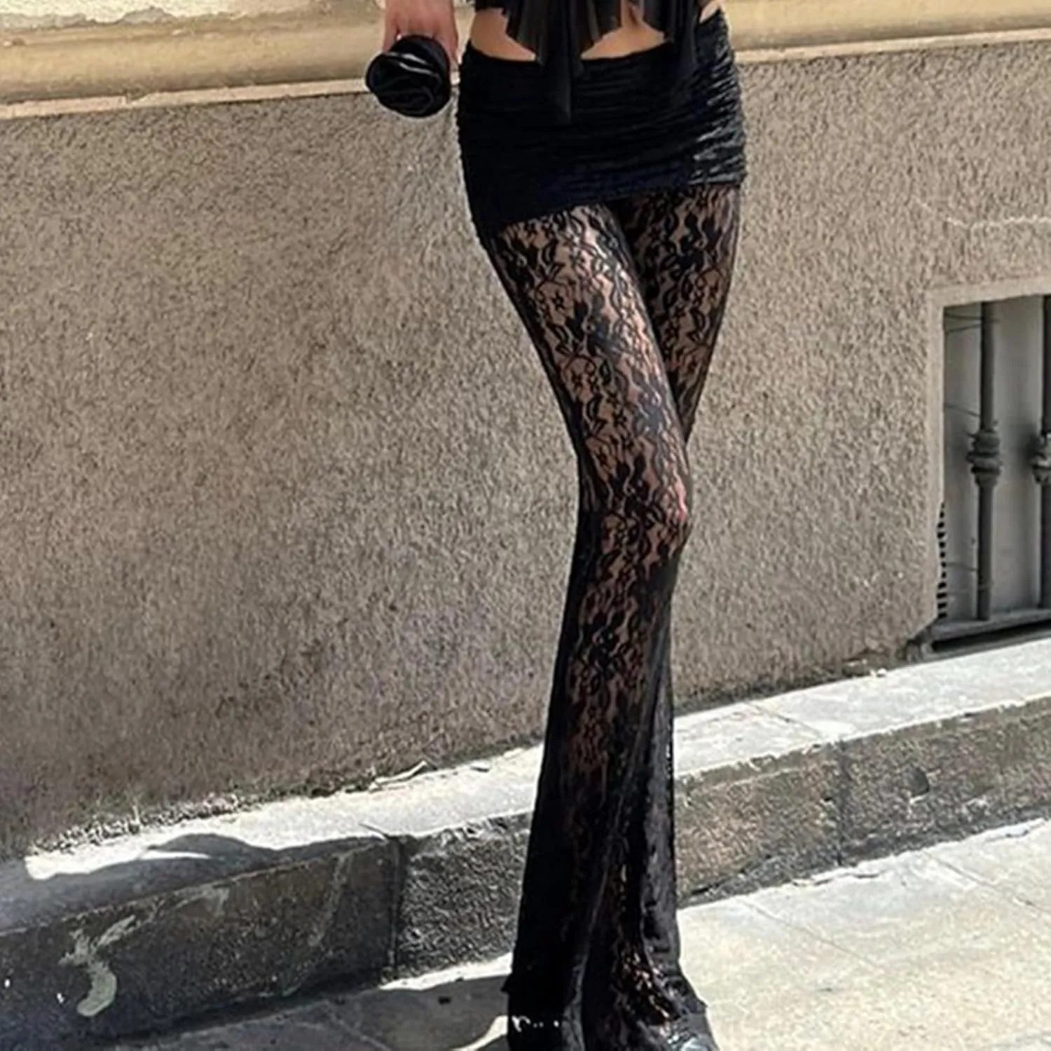 Women Layered Ruffle Tulle Pants High Waist Wide Leg Long Trousers Sheer Mesh Tiered Party Pants