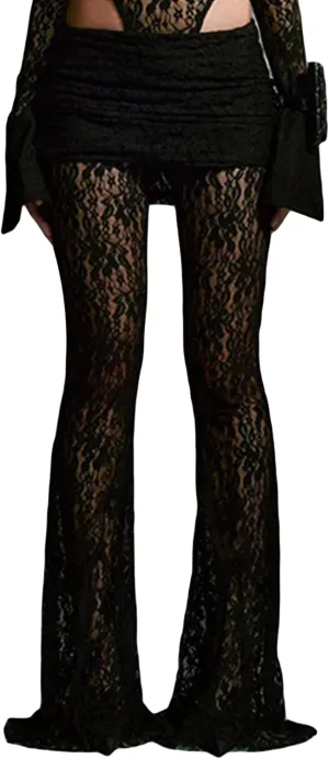 Women Layered Ruffle Tulle Pants High Waist Wide Leg Long Trousers Sheer Mesh Tiered Party Pants