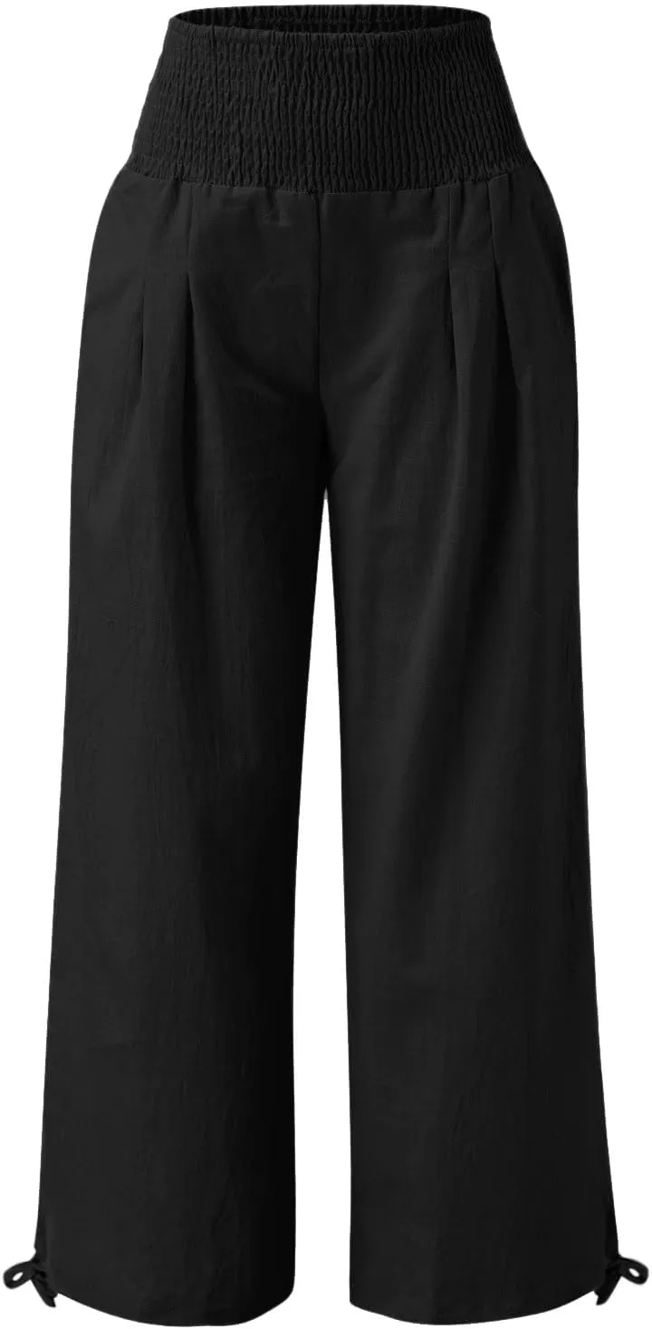 Women Linen Palazzo Pants Summer Wide Leg High Waist Casual Slacks Boho Beach Travel Plus Size Trousers with Pockets