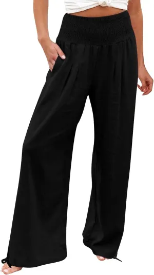 Women Linen Palazzo Pants Summer Wide Leg High Waist Casual Slacks Boho Beach Travel Plus Size Trousers with Pockets