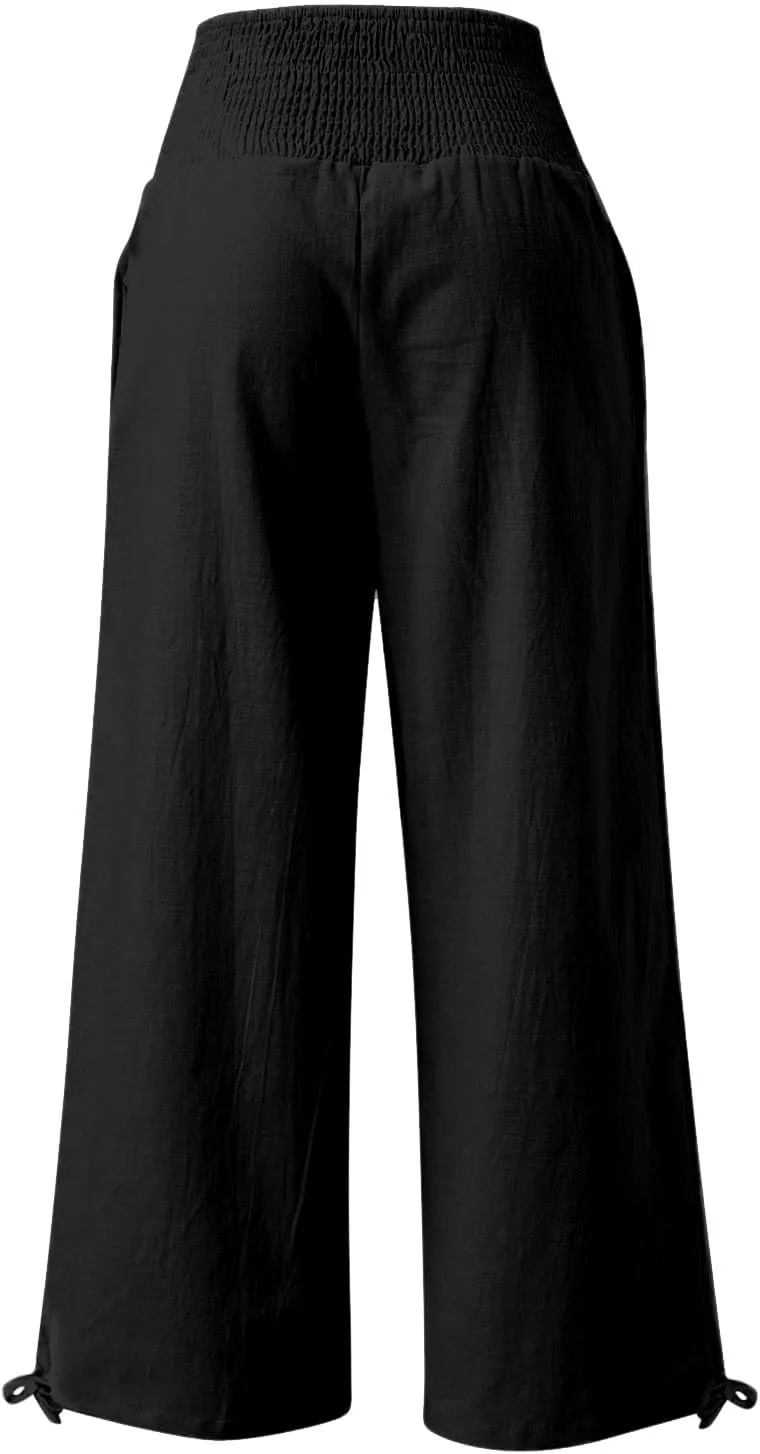 Women Linen Palazzo Pants Summer Wide Leg High Waist Casual Slacks Boho Beach Travel Plus Size Trousers with Pockets