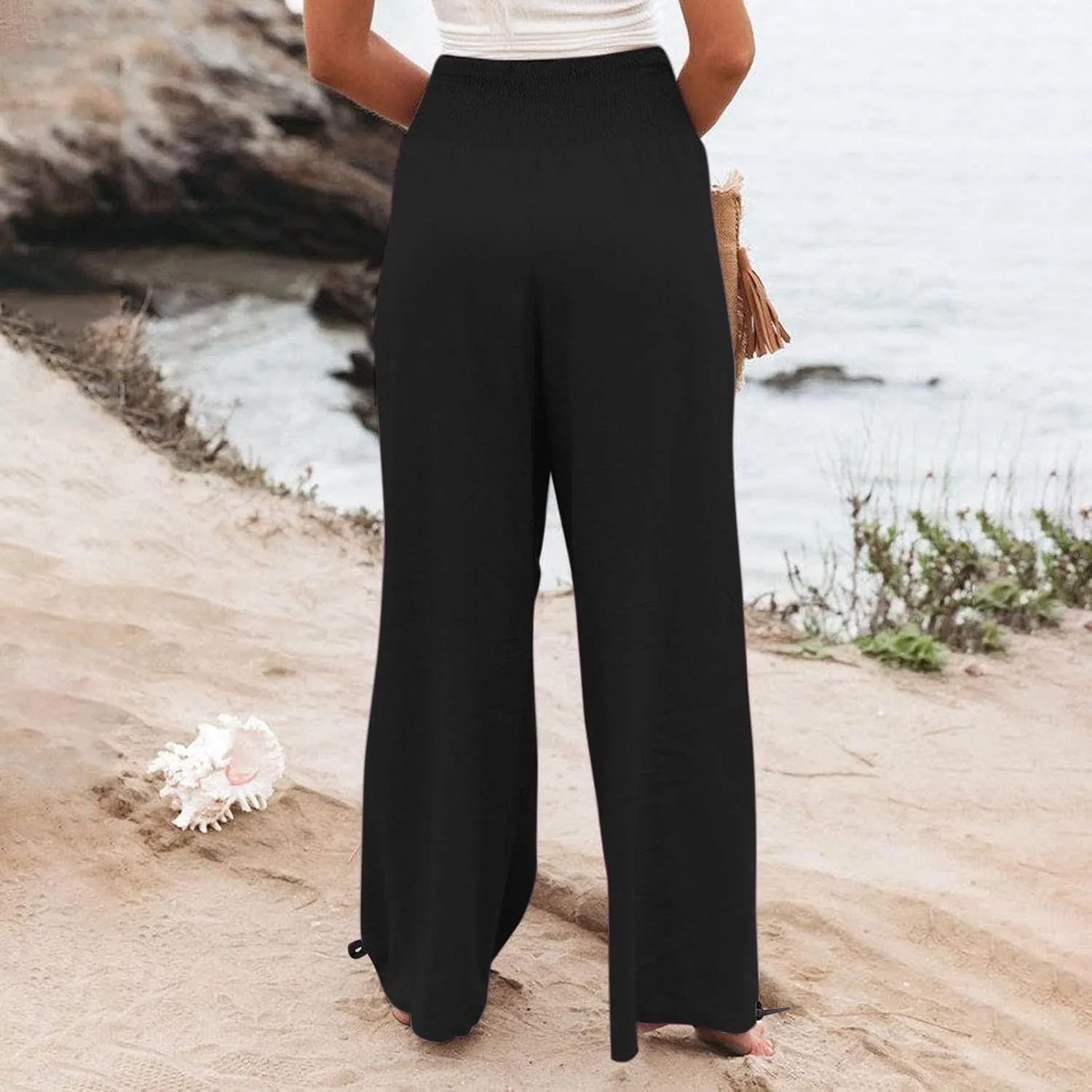 Women Linen Palazzo Pants Summer Wide Leg High Waist Casual Slacks Boho Beach Travel Plus Size Trousers with Pockets