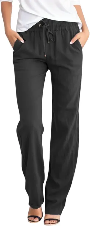 Women Linen Summer Drawstring Pants High Waist Wide Leg Slim Fit Trouser Trendy